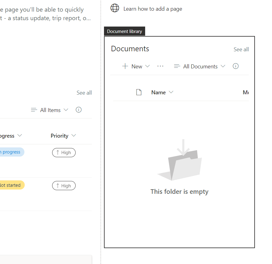 Preview of the document web part in the team site