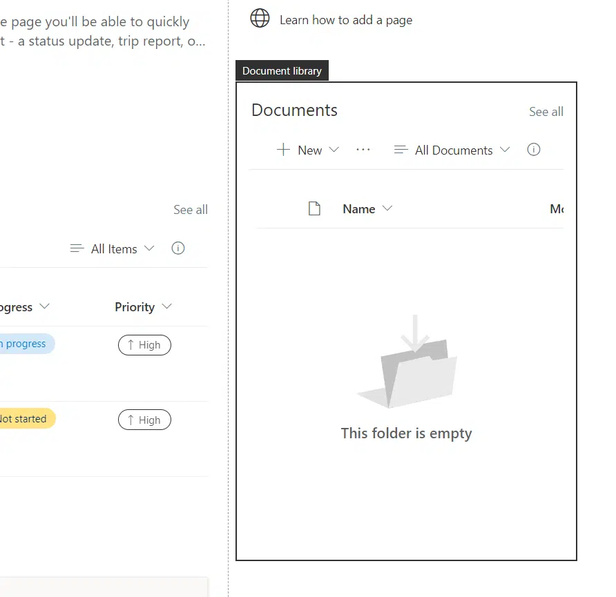 Preview of the document web part in the team site
