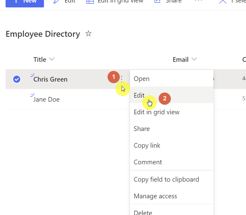 Right-click on a list item and select edit from the options