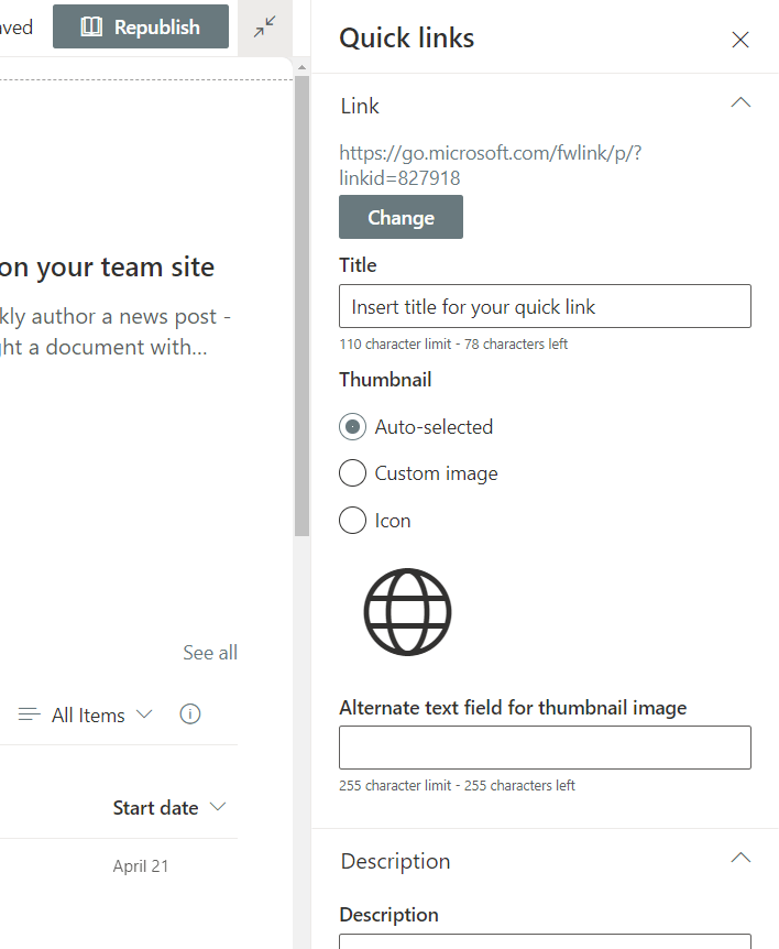 Change the information of the link items on the right panel