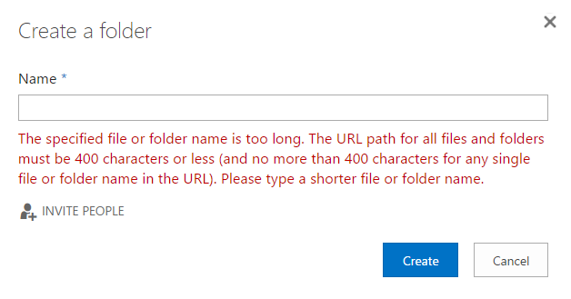 The specified file or folder name is too long and must be 400 characters or less only