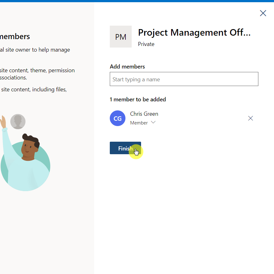 Click the finish button after adding team members to the new site