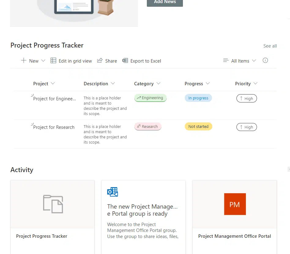 Seeing the project progress tracker list in the home page