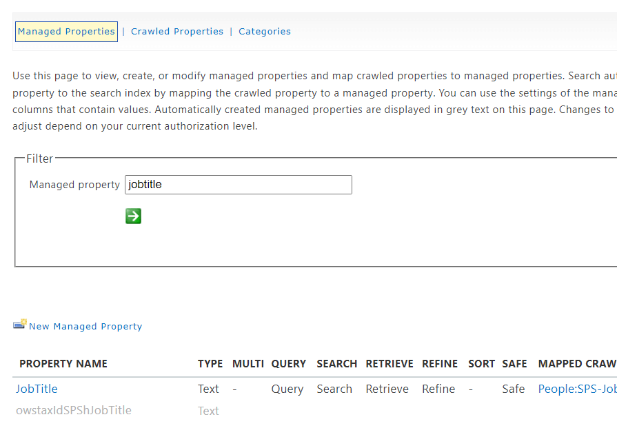 Found job title on search results for managed properties