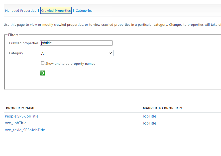 Found job title on search results for crawled properties
