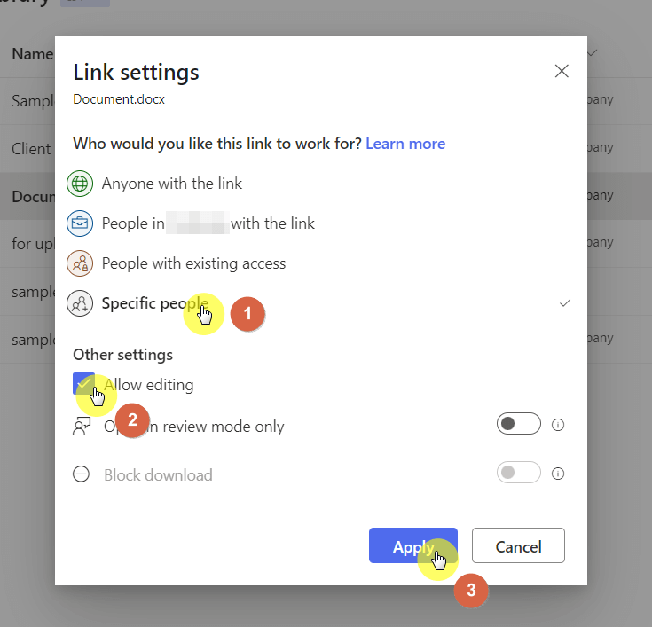 Choose to share the document to specific people and apply the changes