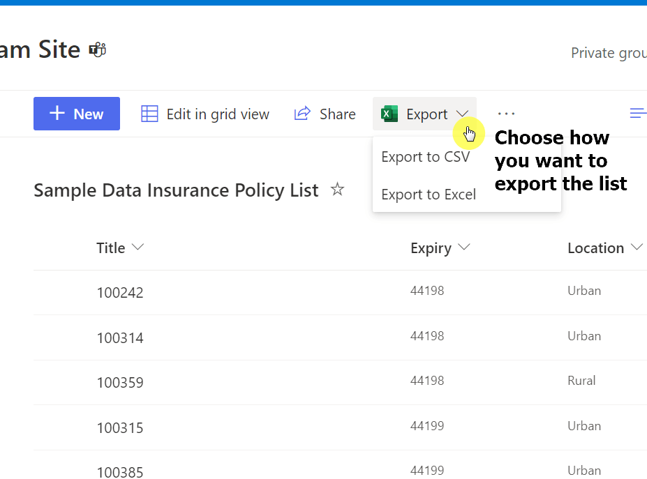 Click on the export button and choose how you want to export the list