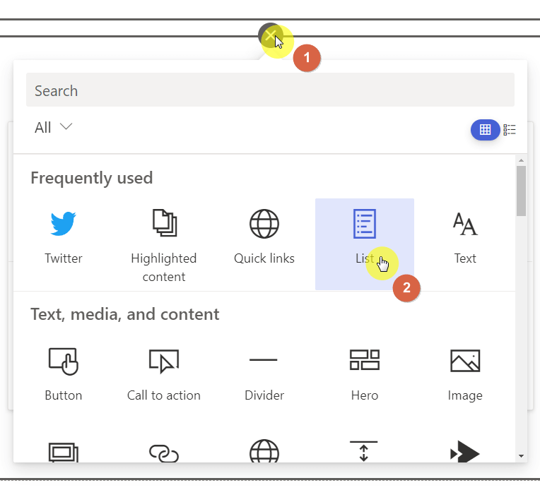 Select the list web part and insert it to the page