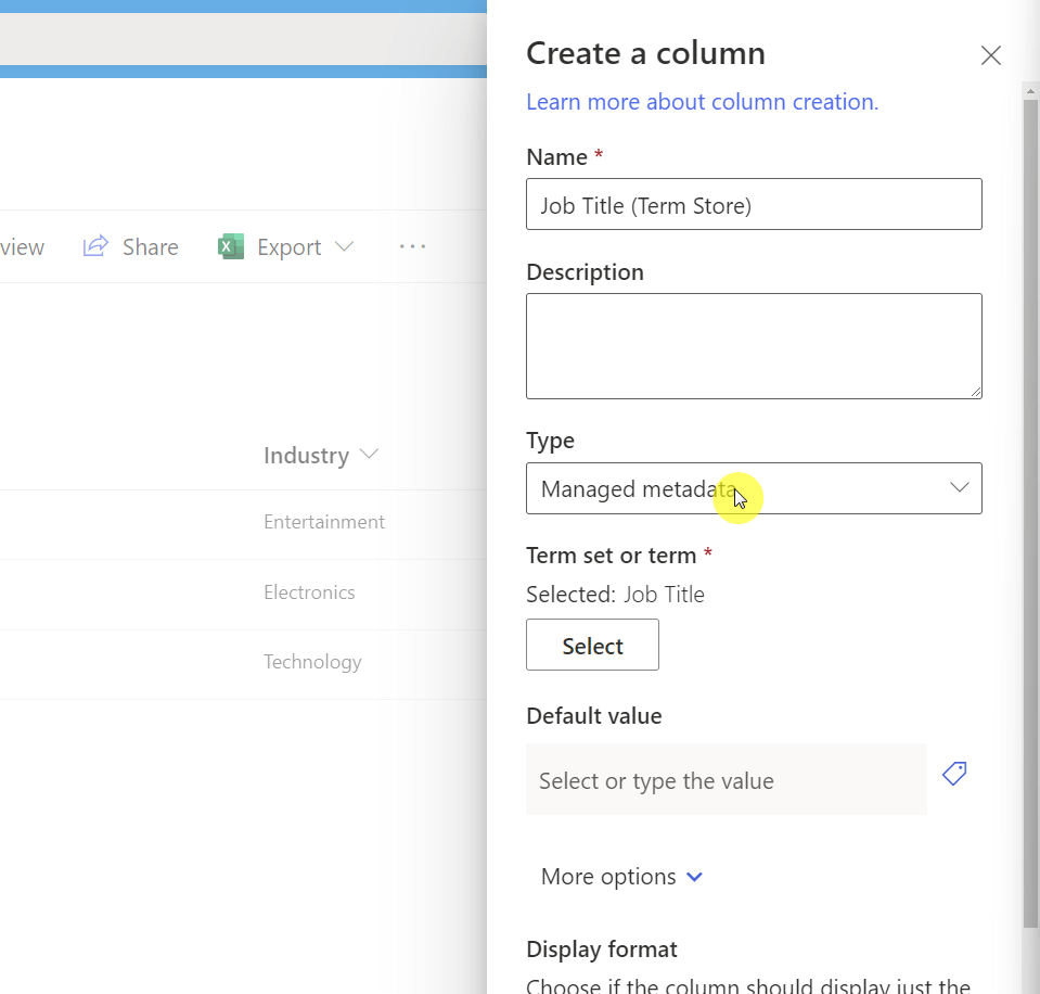 Selecting managed metadata as the column type for a list