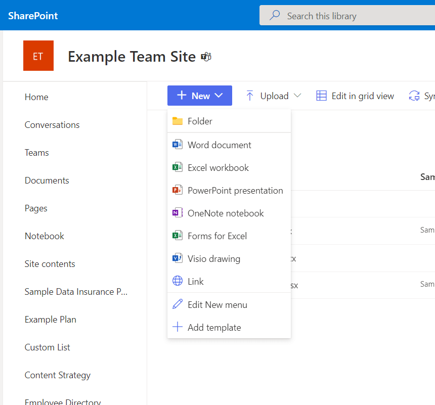 Click on the new button and select the document you want to create