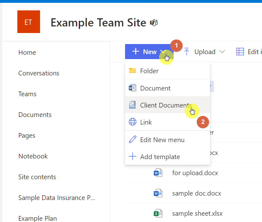 Click on the new button and then on client documents