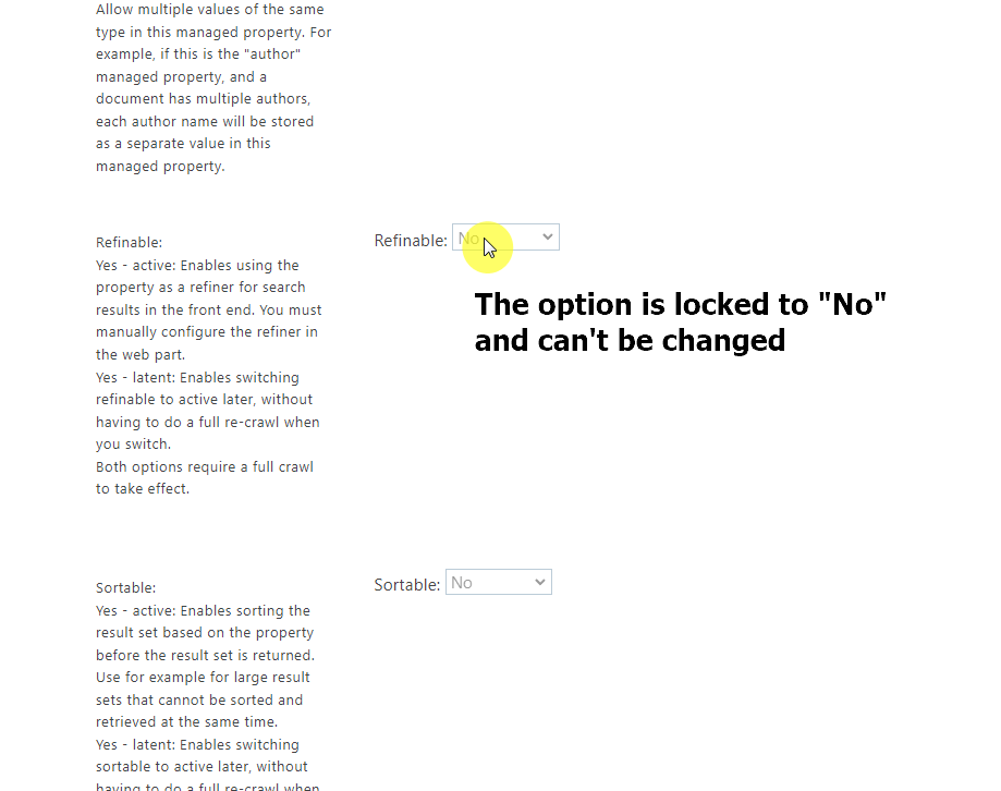 The refinable option is locked to no and can't be changed