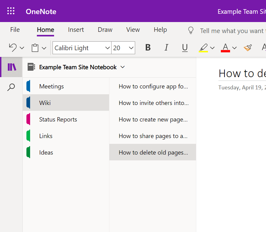 Organizing OneNote for wiki purposes including pages and sections