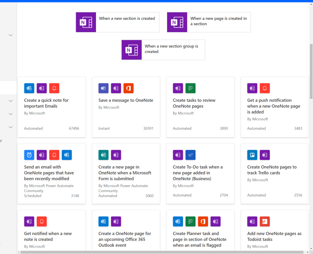Available workflows for OneNote in Power Automate