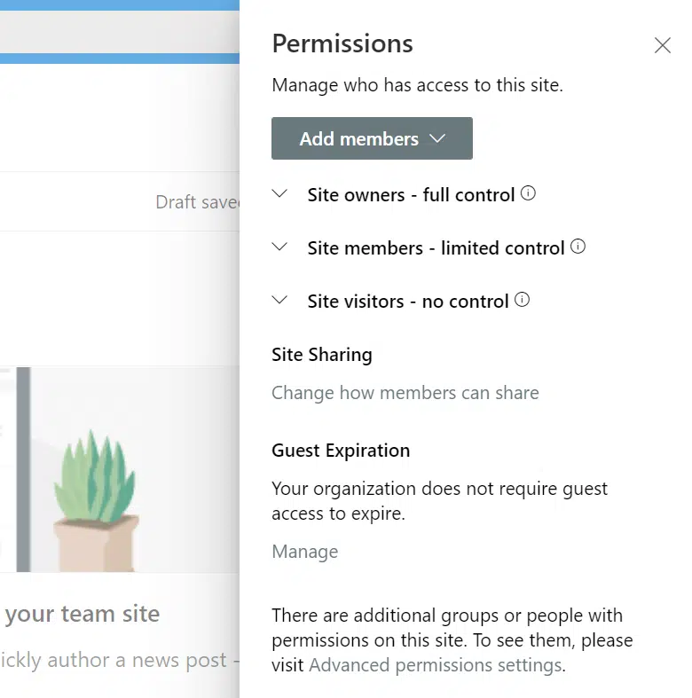 Preview of the permission settings in the right panel