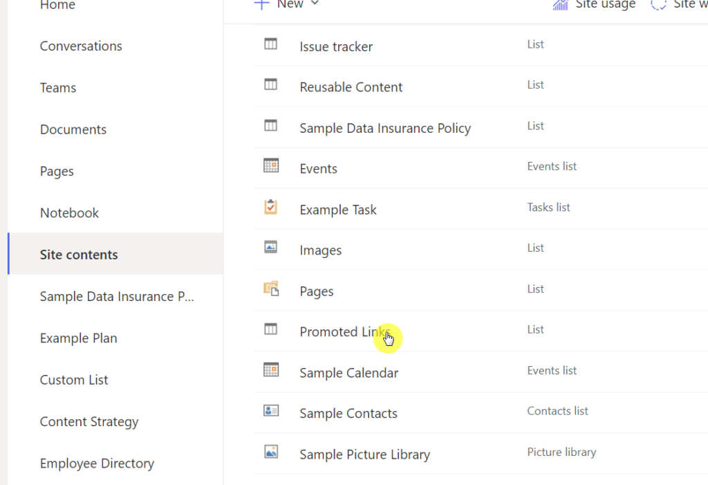 Promoted links is now available on the site contents page