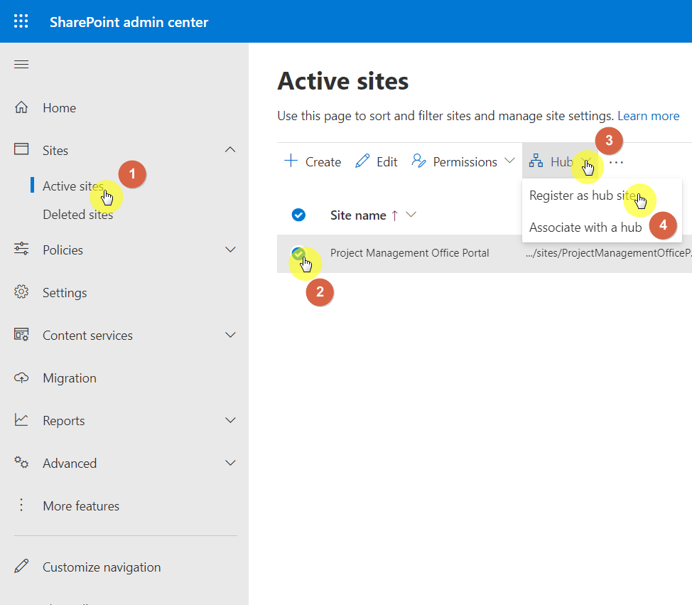 Select the site and register it as a hub site