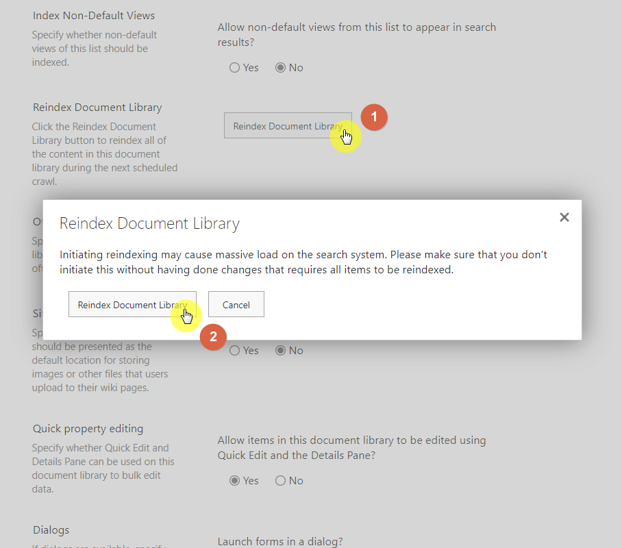 Click the reindex document library button to reindex all of the content