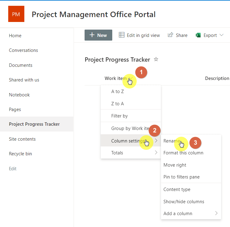 Find the rename option from the column settings right after selecting a column header