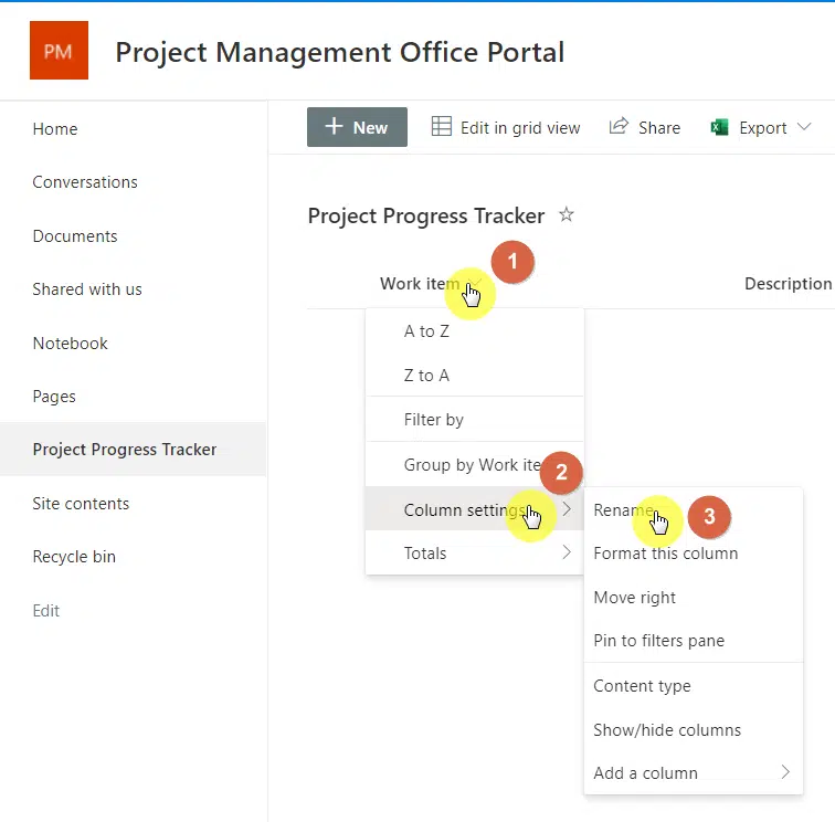 Find the rename option from the column settings right after selecting a column header