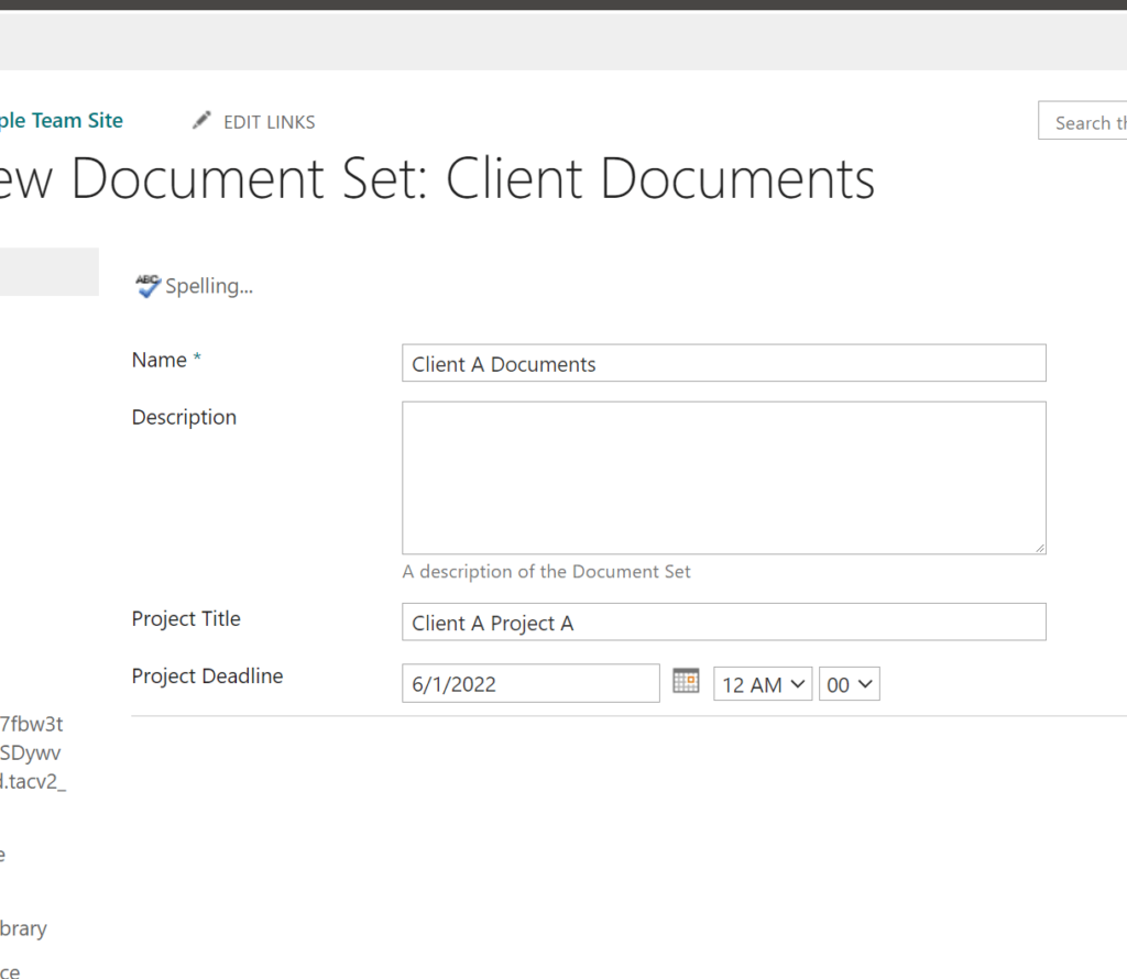 Fill out the required information on the new document set