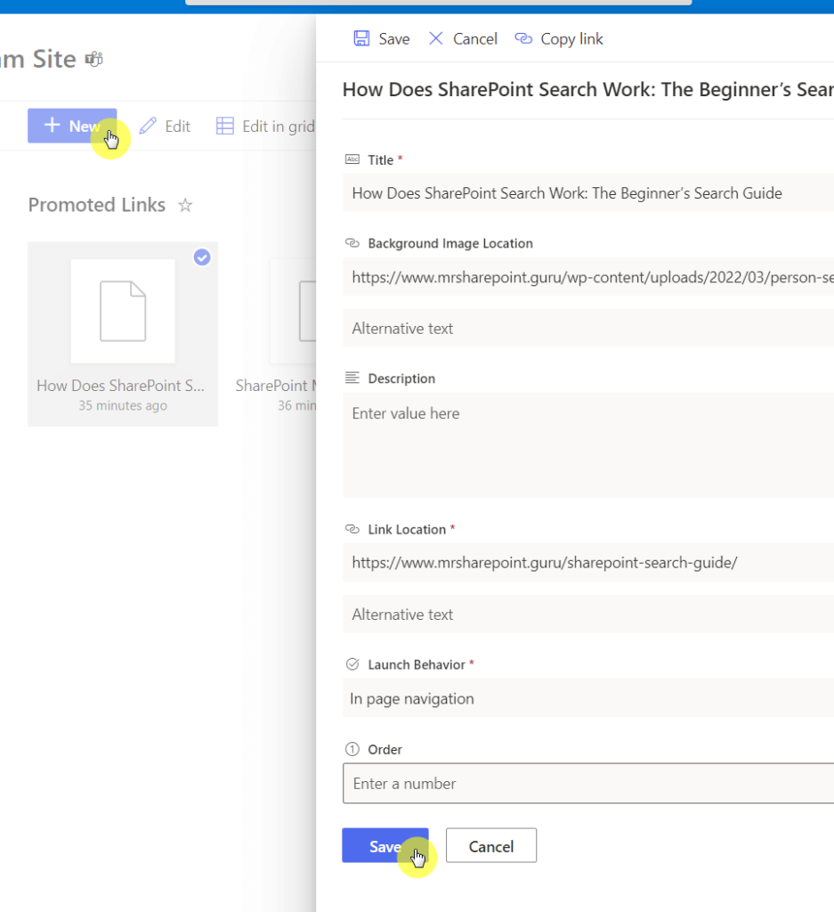 Save the new link after filling out its information