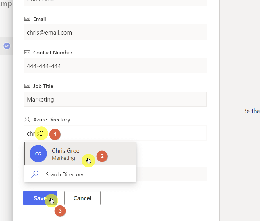 Find the employee from the Azure Directory list and save the changes