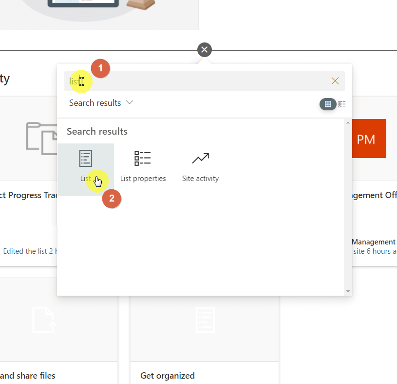 Search and click the list web part