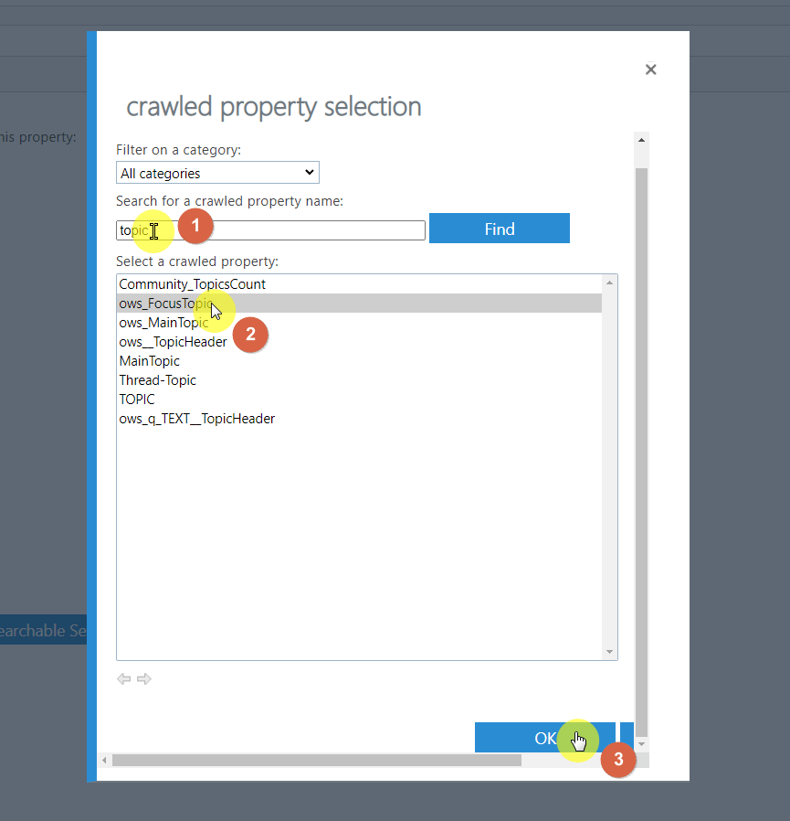 Search for the crawled property and select it to start the mapping