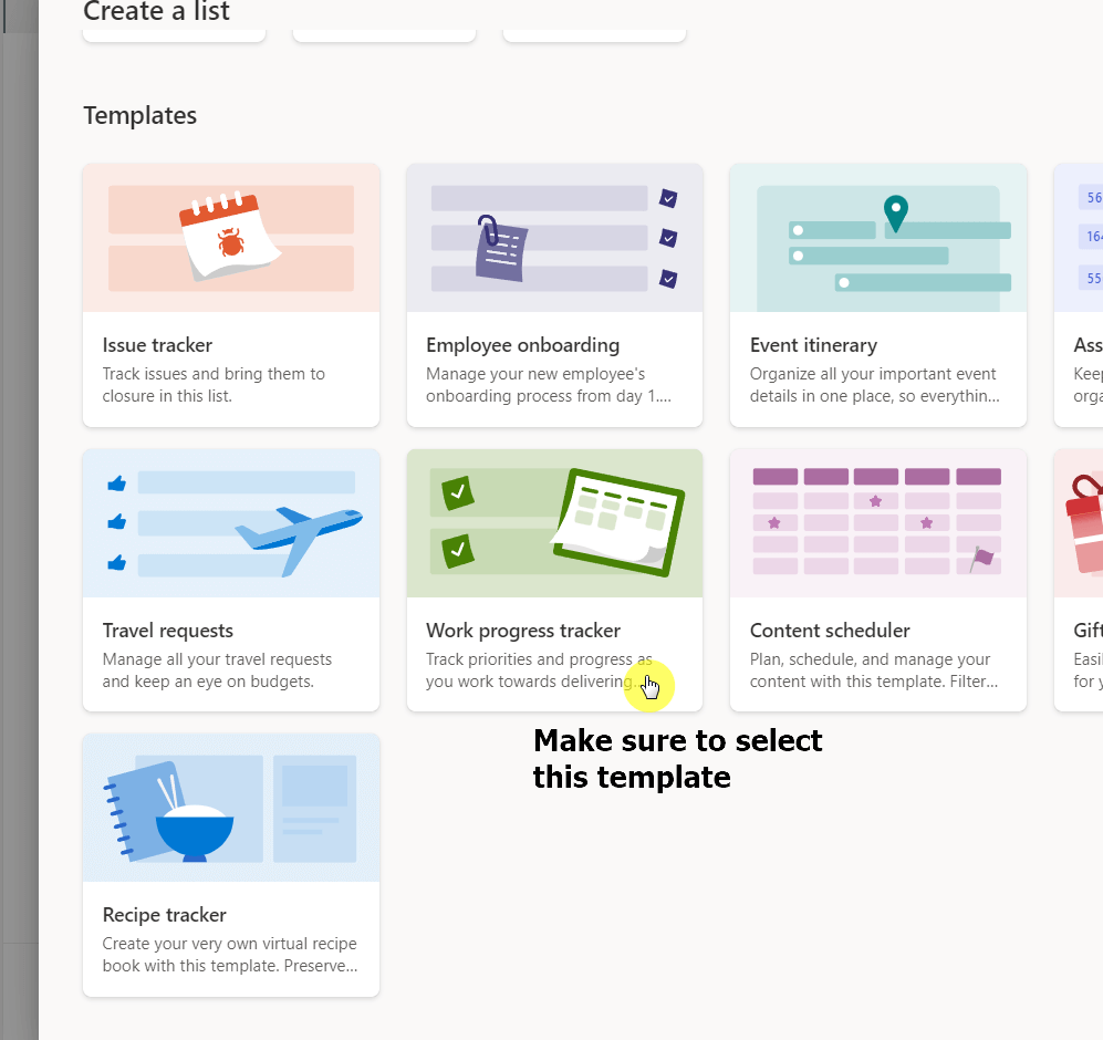 Click on the work progress tracker list template to proceed