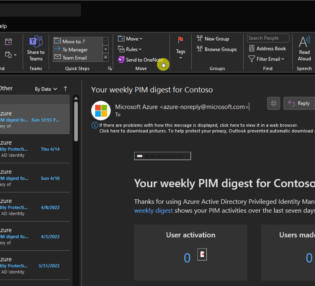 Click on the send to onenote button in the ribbon to save the email