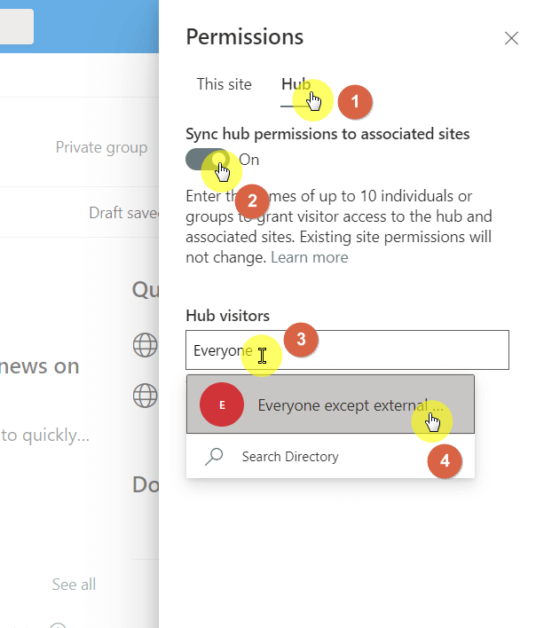 Sync hub permissions to associated sites and set hub visitors to everyone except external users