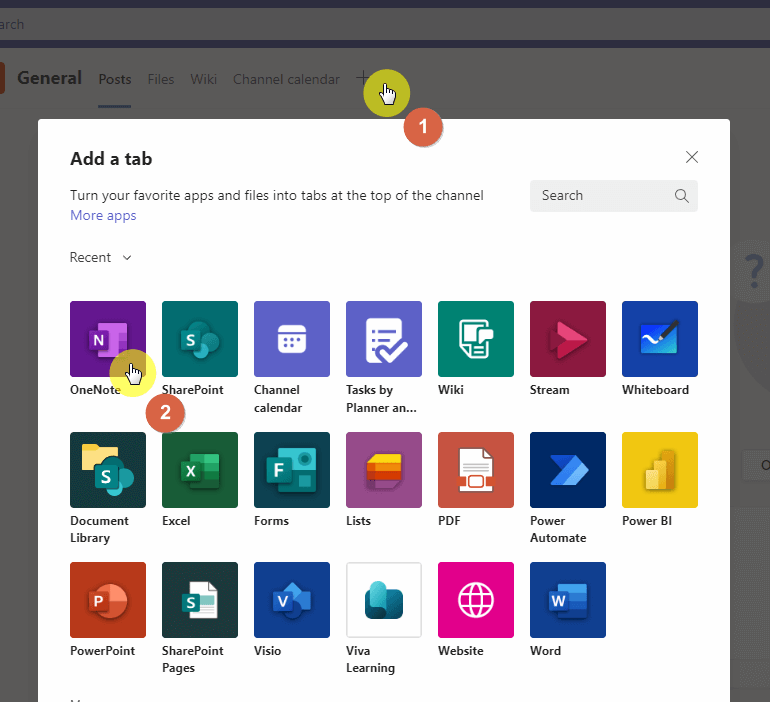 Find the OneNote app to install it as a tab
