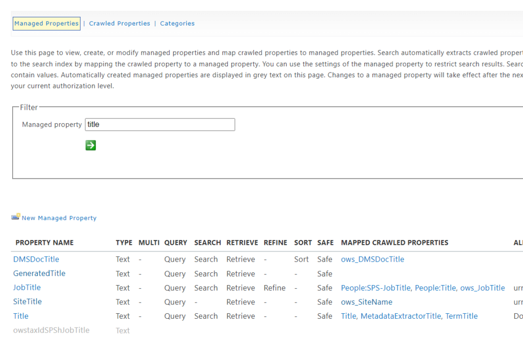 Found lots of search results on managed properties for title