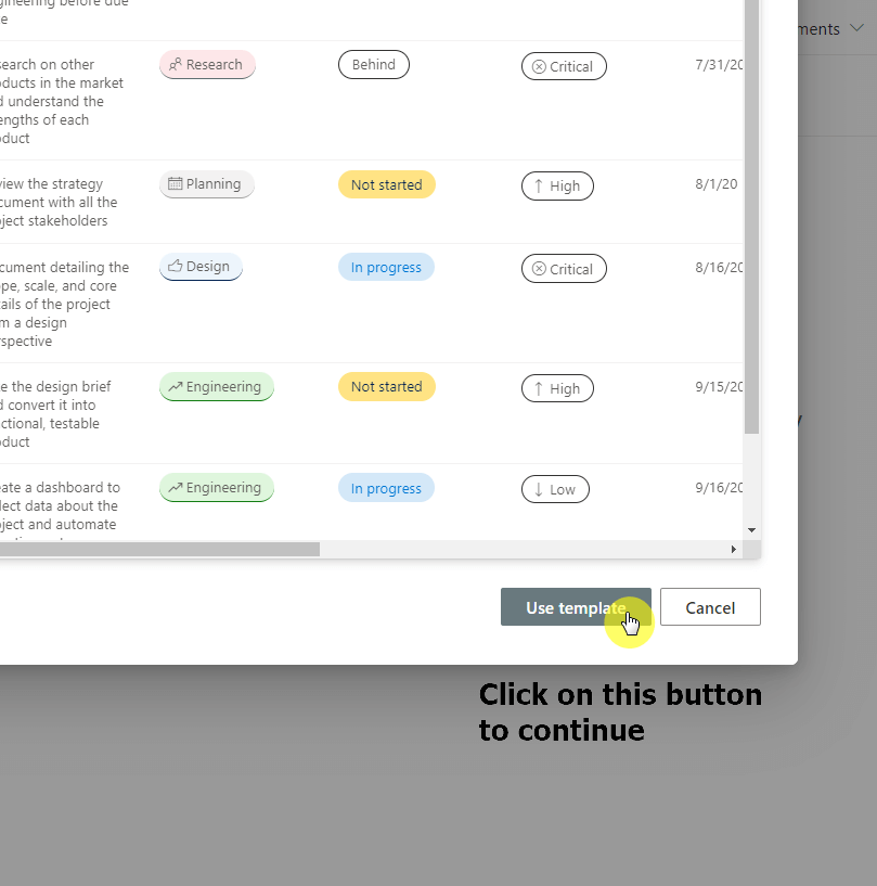 Click on the use template button to continue