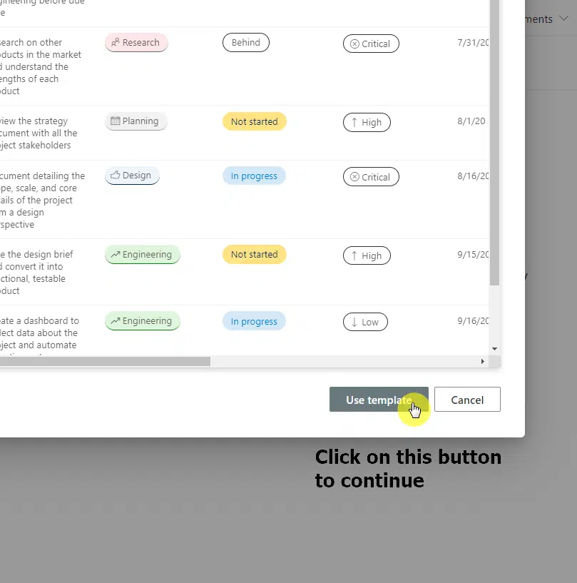 Click on the use template button to continue