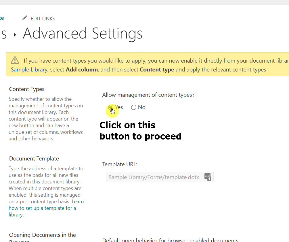 Click on the yes radio button to allow content types management