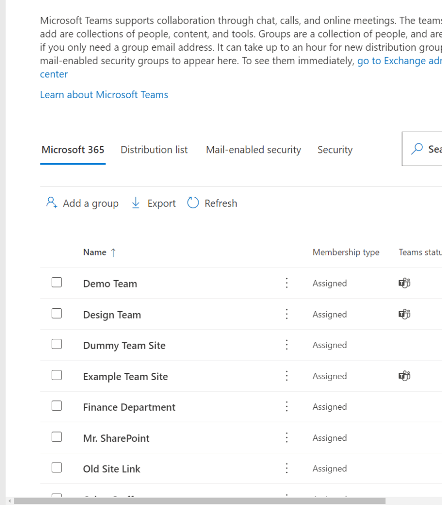 The different active teams and groups in Microsoft 365