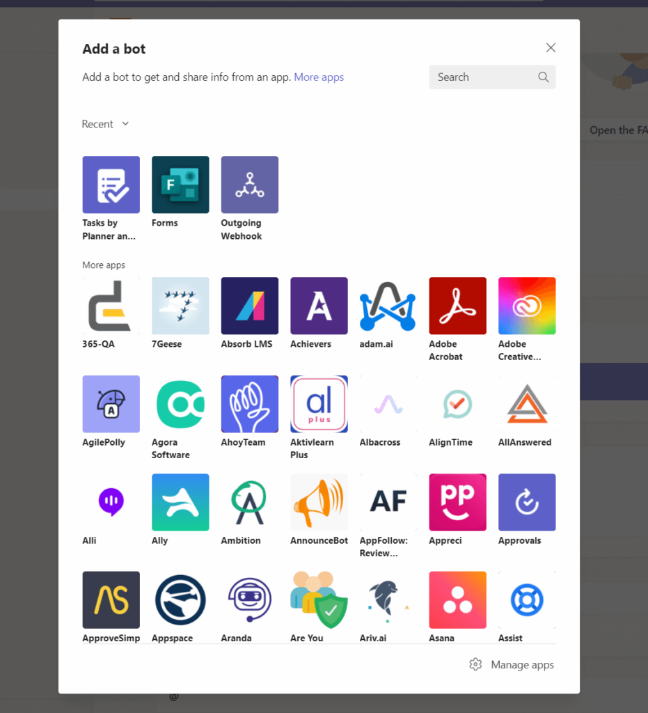Select the bot you want to add to your Teams