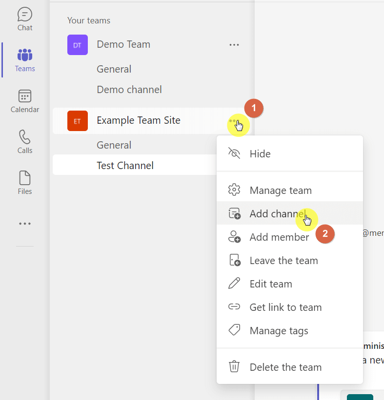 Click the add channel button on the target team