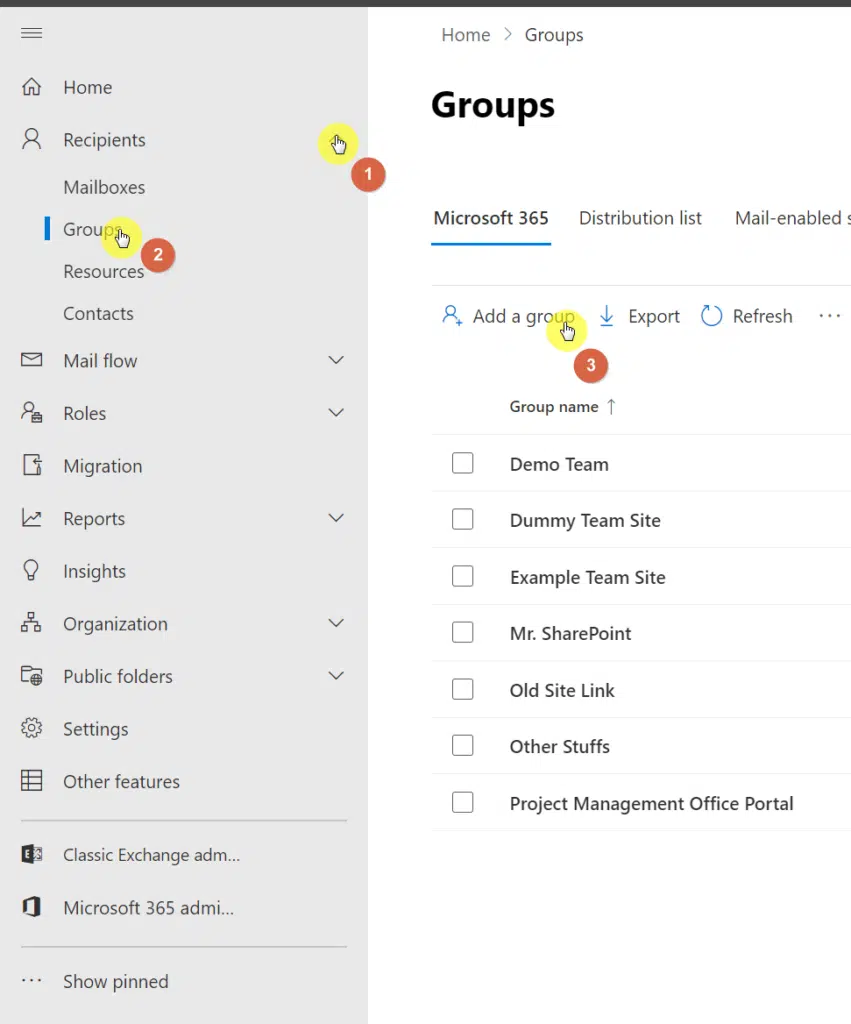 Add a new group in the Exchange admin center