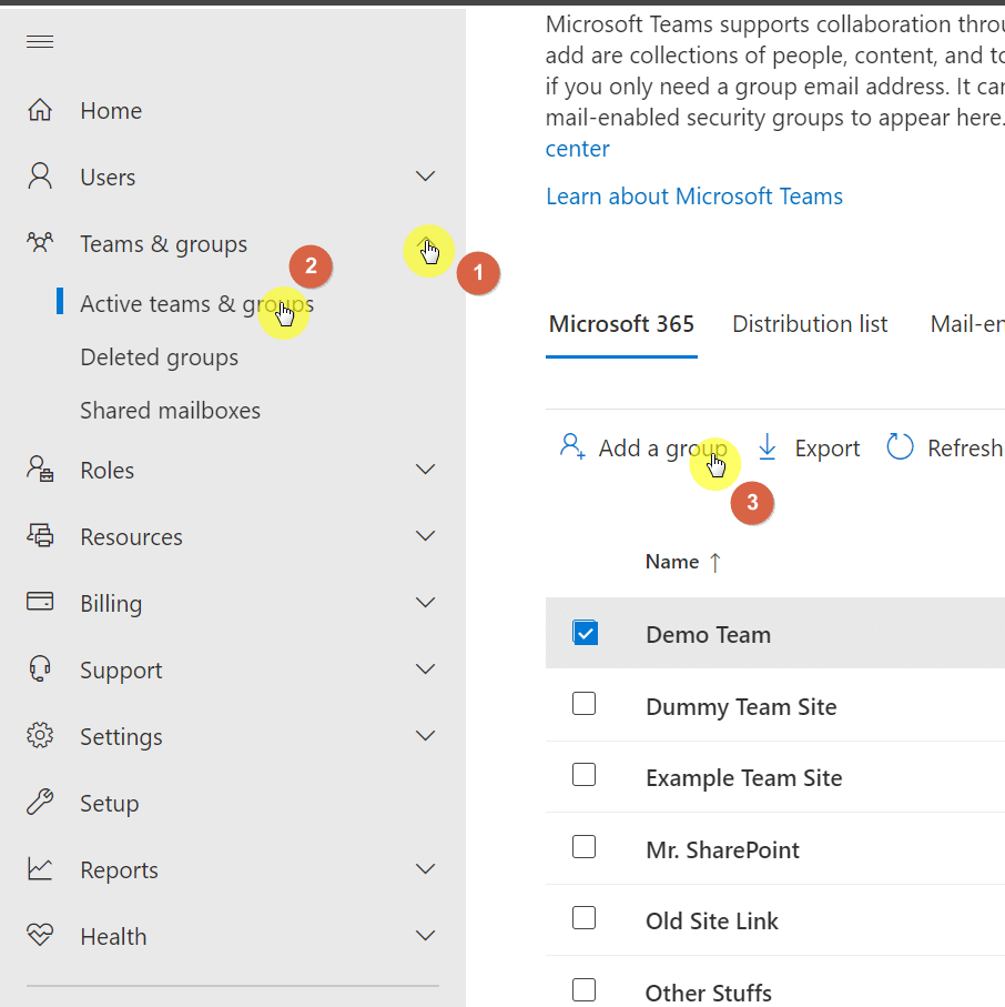 Click the add a group button in the Microsoft 365 admin center