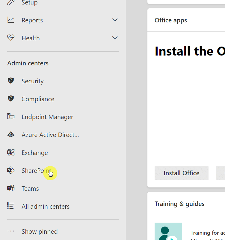 Find SharePoint under the admin centers group