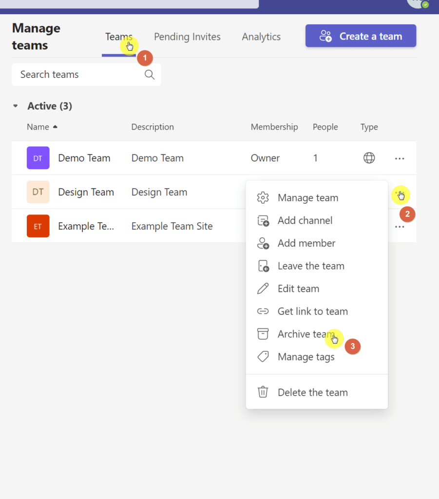 Select the archive team option in the manage teams page