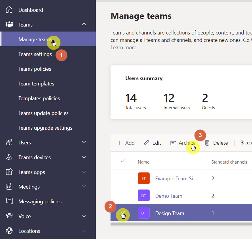 Click the archive button in the Microsoft Teams admin center