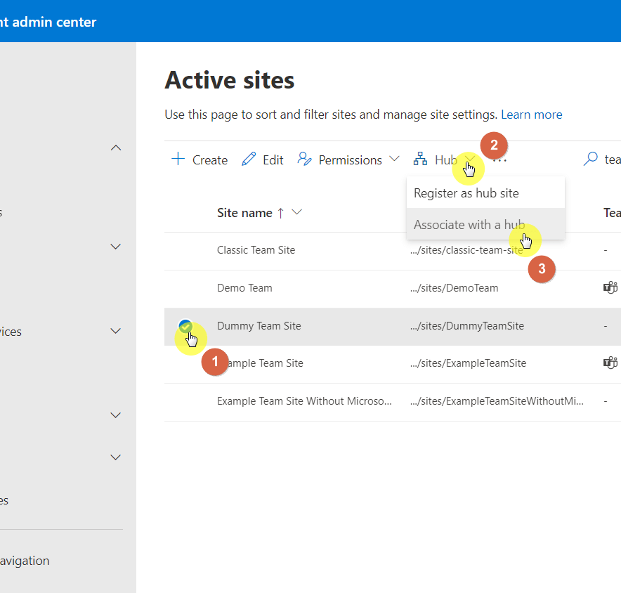 Click on the associate with a hub button after selecting a site