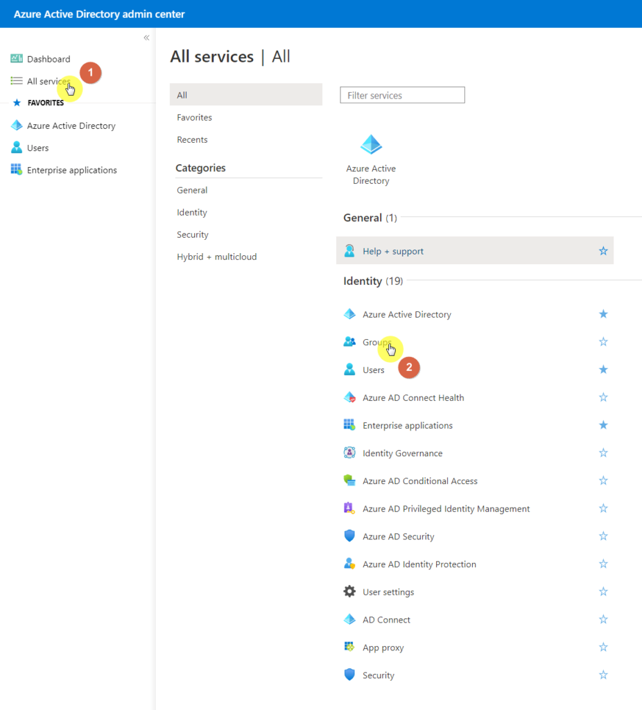 Select the group services in Azure Directory