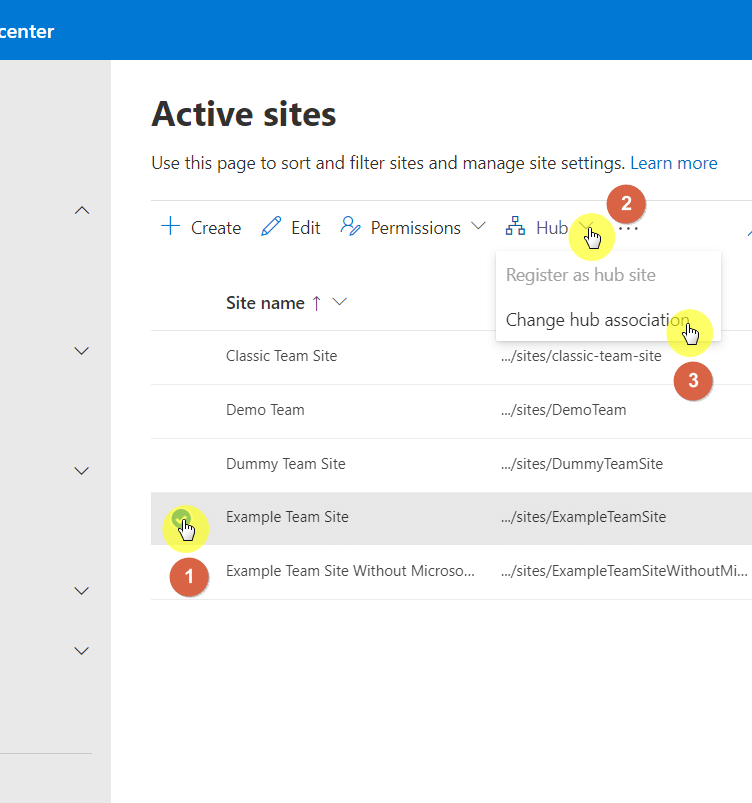 Dissociating a site from a hub in the admin center