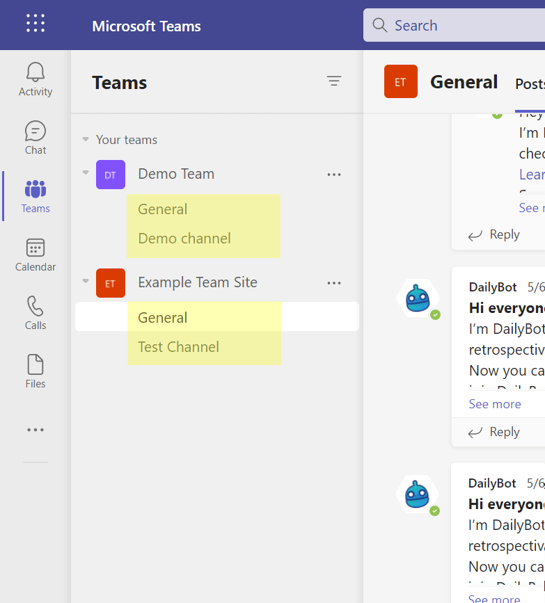 Channels in various teams inside Microsoft Teams