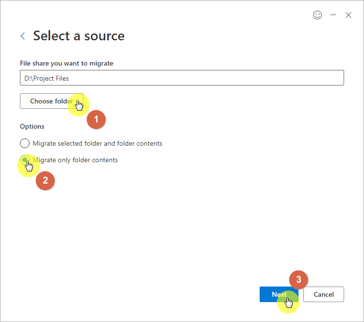 Choose the folder that contains the files to migrate and click next